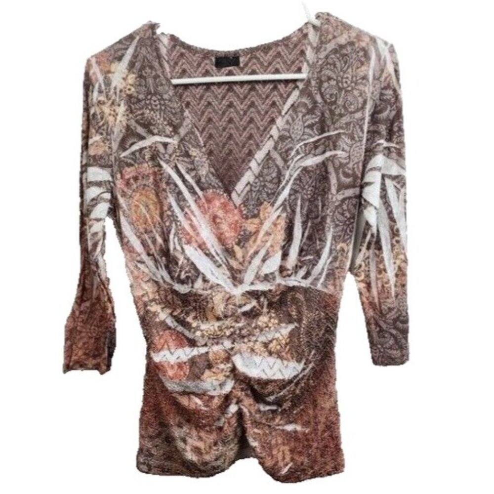 Fantazia‎ Womens Lace Top Large Brown Floral Ruched 3/4 Sleeve Fairy Grunge Y2K